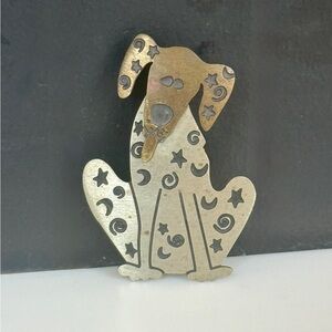 Whimsical Metal Art Silver and Gold Dog Pin.
